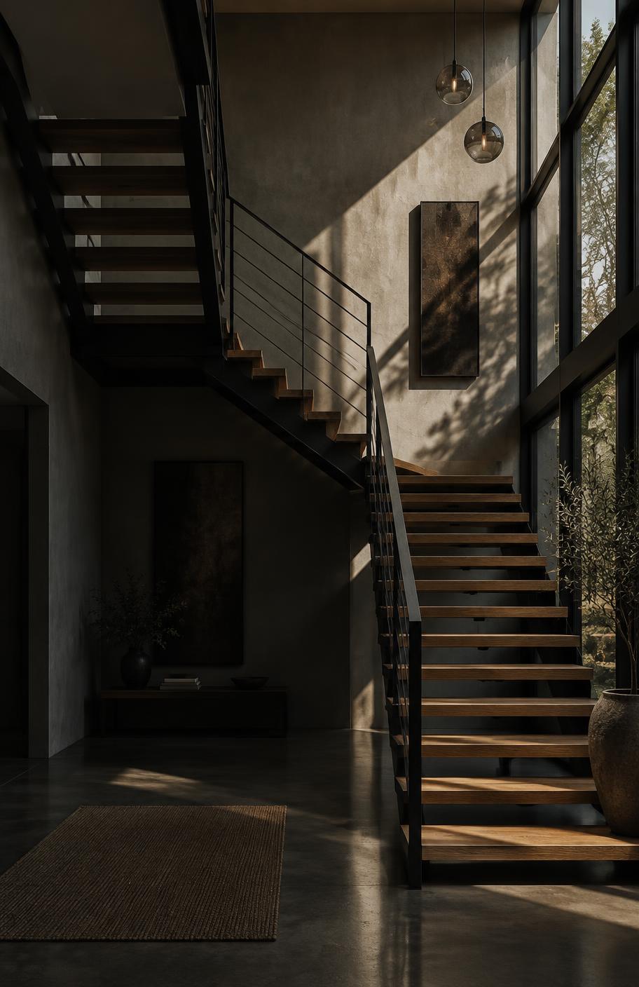 Double-height stairwell with steel stringers and white oak treads, raking daylight across plaster walls