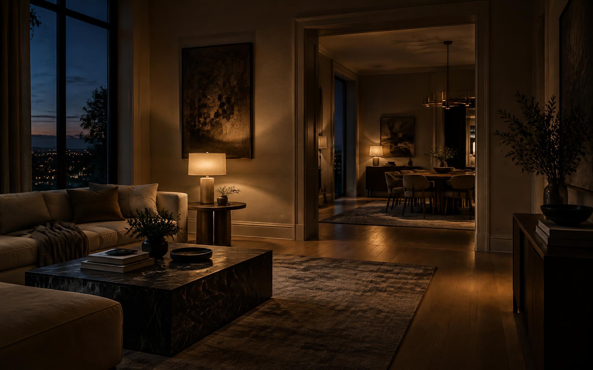 Lake Forest residence at dusk, warm lamp light across white oak flooring with a sightline through to a further lit room