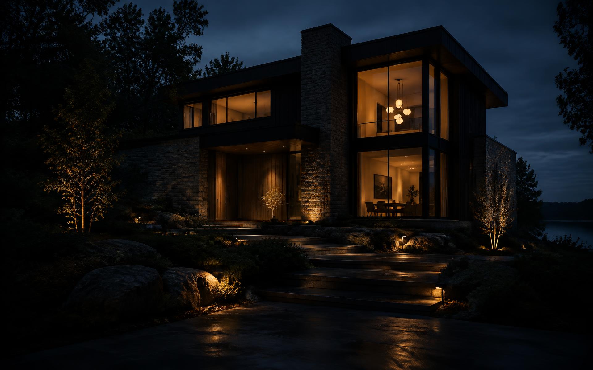 Modern Lake Forest home at dusk with windows glowing warm from within