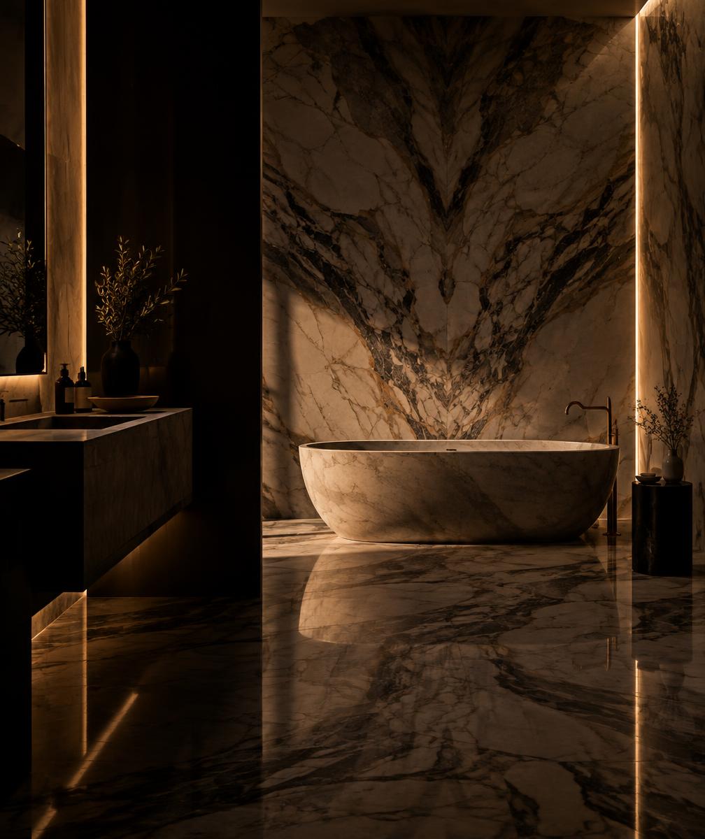 Primary bath in book-matched marble with radiant heat and integrated lighting
