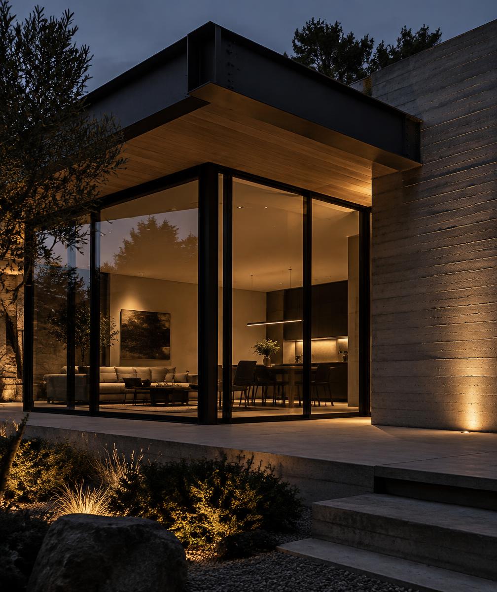Home addition in structural steel and board-formed concrete with black-framed glazing lit from within at dusk