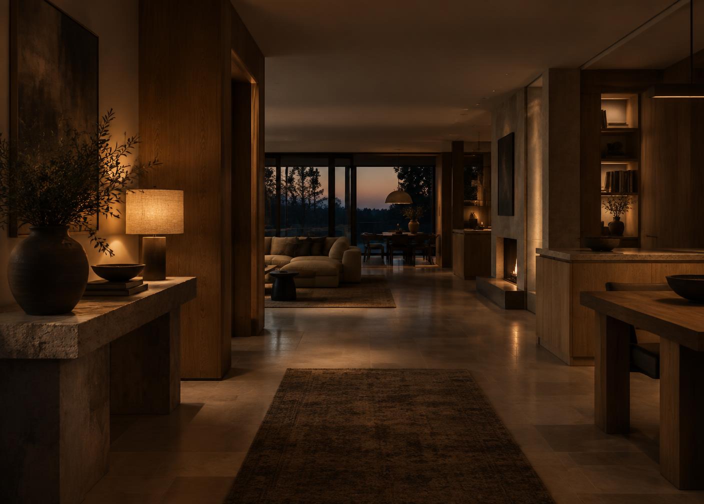 Whole-home renovation interior in white oak and honed limestone with radiant floors, photographed at dusk