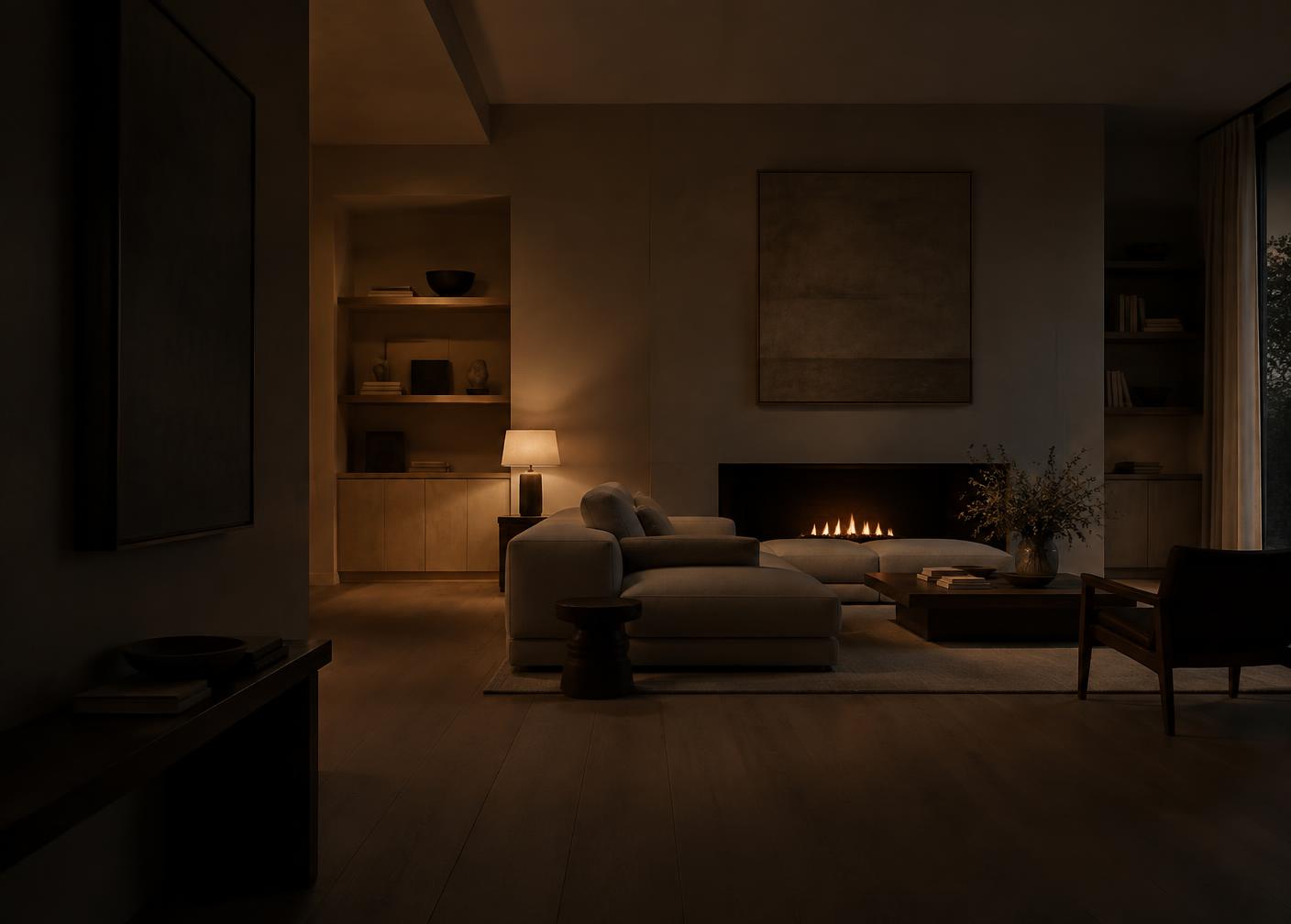 Finished living room in plaster and white oak with warm evening lamp light
