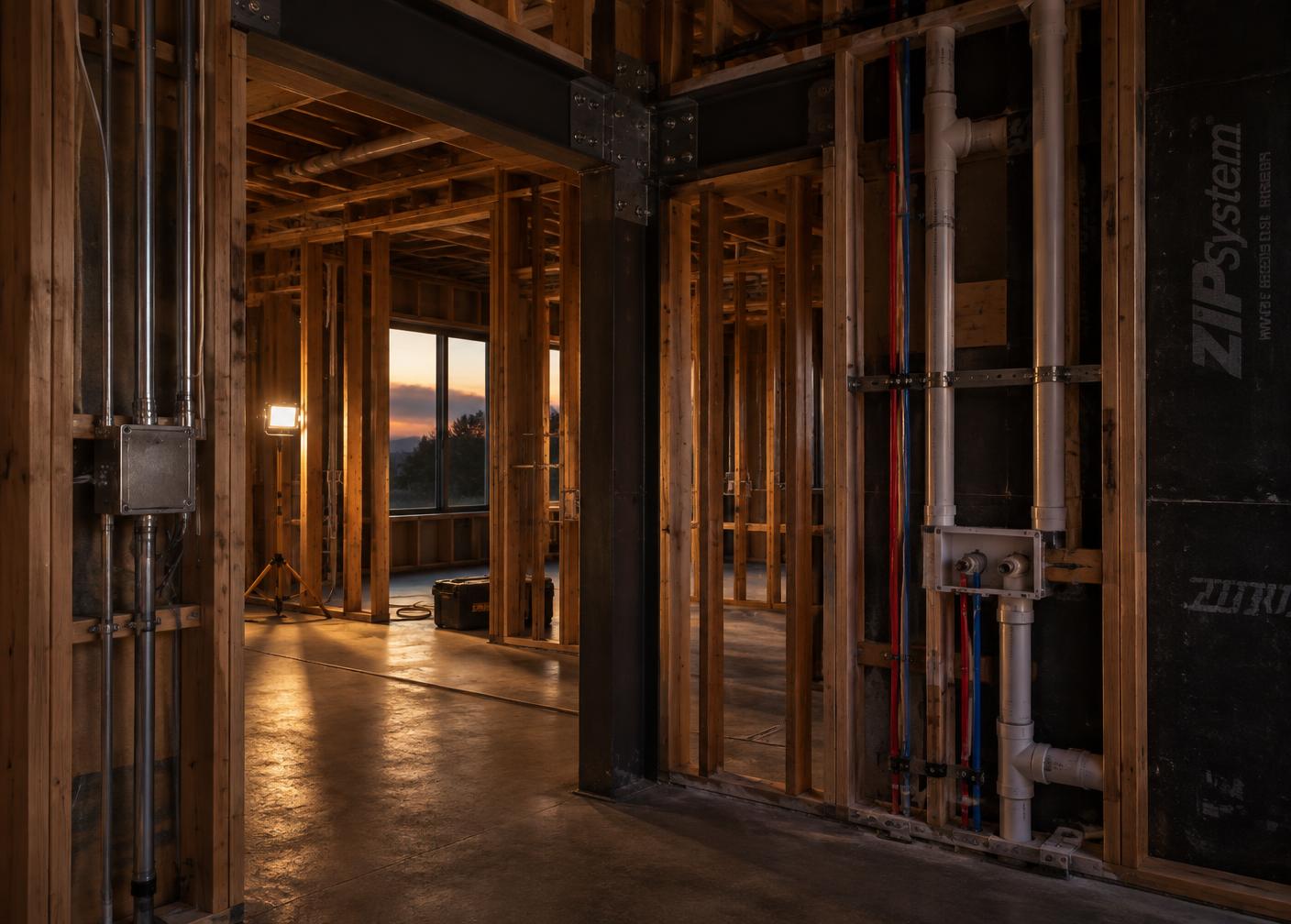 Same room during construction: stud framing, steel connections, electrical and plumbing rough-in